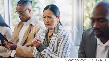 Anxiety, interview and woman in waiting room with candidates at recruitment agency. Human resources, hiring and fear, men and women in lobby with hope, motivation and stress for new job opportunity. Anxiety, interview and woman in waiting room with candidates at recruitment agency. Human resources, hiring and fear, men and women in lobby with hope, motivation and stress for new job opportunity. 142153291