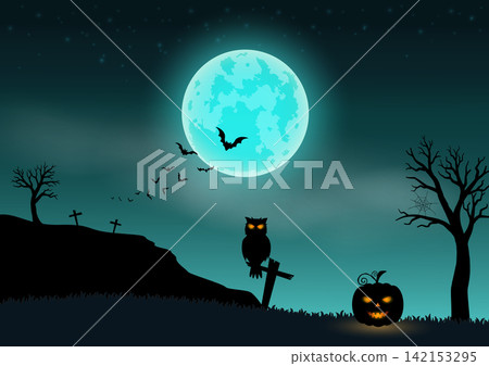 Happy Halloween celebrate theme on night scene background with full moon,owl,pumpkin,bats on graveyard Happy Halloween celebrate theme on night scene background with full moon,owl,pumpkin,bats on graveyard 142153295