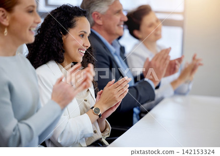 Applause, celebration and business people in meeting for achievement, support or success in boardroom. Professional, diversity and employees clapping for conference, presentation or congratulations Applause, celebration and business people in meeting for achievement, support or success in boardroom. Professional, diversity and employees clapping for conference, presentation or congratulations 142153324