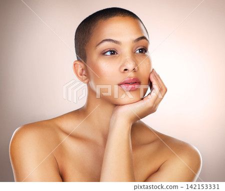 Thinking, skincare and beauty of woman in makeup for wellness or health in studio isolated on white background. Face, bald and serious young model in cosmetics for glow, shine and dermatology in spa 142153331