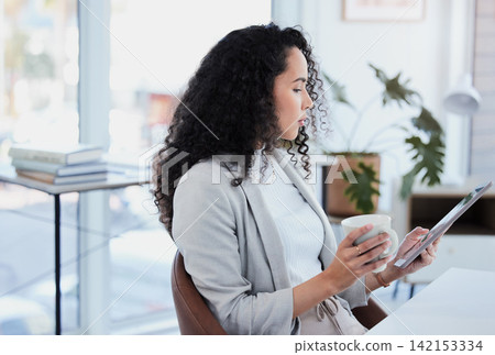Reading, tablet and woman in office with coffee and research info, news or morning schedule. Calm, working and employee relax with espresso and reminder in planner app for creative ideas or calendar Reading, tablet and woman in office with coffee and research info, news or morning schedule. Calm, working and employee relax with espresso and reminder in planner app for creative ideas or calendar 142153334