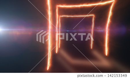 Warm orange neon corridor with glowing rectangular portals, soft haze, and cinematic lens flare creating a futuristic energy gateway. Warm orange neon corridor with glowing rectangular portals, soft haze, and cinematic lens flare creating a futuristic energy gateway. 142153349