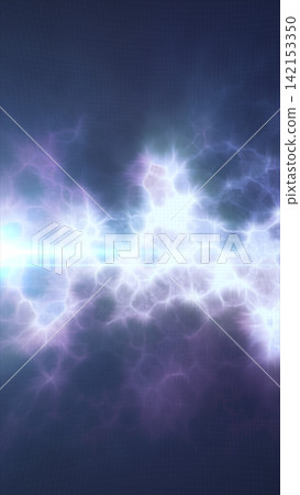 Abstract blue and purple energy background with bright horizontal light flare, glowing plasma particles, and ethereal electric texture. 142153350