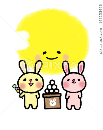 An illustration of twin bunny friends enjoying moon viewing with dumplings for the Mid-Autumn Festival. 142153466