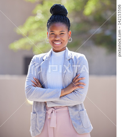 Portrait, outdoor and business with black woman, arms crossed and startup with career ambition, sunshine and professional. Girl in city, employee and entrepreneur with smile, summer and confidence Portrait, outdoor and business with black woman, arms crossed and startup with career ambition, sunshine and professional. Girl in city, employee and entrepreneur with smile, summer and confidence 142153506