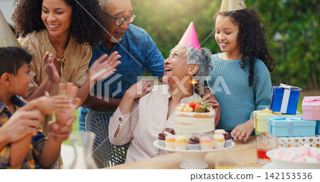 Senior woman, birthday cake and family in garden with applause, celebration and happy together for party. Man, women and children in grandparents backyard with present, dessert and love in summer Senior woman, birthday cake and family in garden with applause, celebration and happy together for party. Man, women and children in grandparents backyard with present, dessert and love in summer 142153536