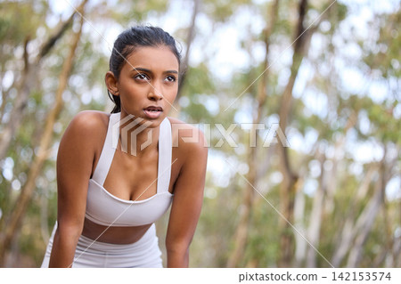 Woman, rest and fitness in forest for exercise, cardio training and wellness in outdoor activity. Female lady, serious and active for workout fatigue or health for wellbeing in summer on mockup Woman, rest and fitness in forest for exercise, cardio training and wellness in outdoor activity. Female lady, serious and active for workout fatigue or health for wellbeing in summer on mockup 142153574