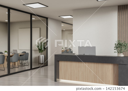 Modern Office Reception and Meeting Room with Blank Wall Mockup Space Modern Office Reception and Meeting Room with Blank Wall Mockup Space 142153674