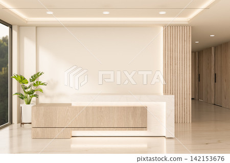 Warm Minimalist Reception Lobby with Wooden Front Desk and Blank Wall Mockup Warm Minimalist Reception Lobby with Wooden Front Desk and Blank Wall Mockup 142153676