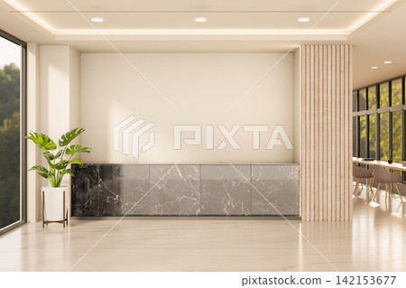 Modern Lobby Interior with Marble Cabinet Credenza and Blank Wall Mockup Modern Lobby Interior with Marble Cabinet Credenza and Blank Wall Mockup 142153677