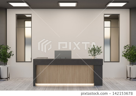 Blank Wall Mockup in Modern Office Reception with Wooden and Concrete Front Desk Blank Wall Mockup in Modern Office Reception with Wooden and Concrete Front Desk 142153678