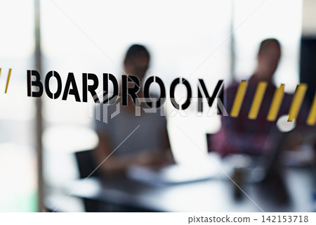 Boardroom, window and colleagues in office for training, collaboration or communication in background. Conference room, coworkers and meeting team for recruitment, brainstorming and discussion 142153718