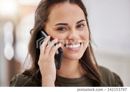 Businesswoman, portrait and mobile call in office for talking, discussion and speaking with contact. Workplace, career or service agent with phone for networking, connection or conversation with tech Businesswoman, portrait and mobile call in office for talking, discussion and speaking with contact. Workplace, career or service agent with phone for networking, connection or conversation with tech 142153797