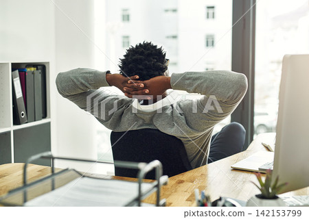 Office, black man and relax in chair at job by desk for career, health or success at agency. Advertising, work and male person with rest by table for productivity, achievement or break in copywriting Office, black man and relax in chair at job by desk for career, health or success at agency. Advertising, work and male person with rest by table for productivity, achievement or break in copywriting 142153799