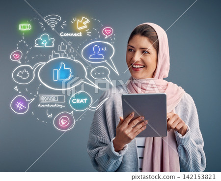 Muslim, woman and overlay online with tablet, social media or streaming video on web. Contact, communication and girl relax with mobile app to chat on internet in studio background or mockup space Muslim, woman and overlay online with tablet, social media or streaming video on web. Contact, communication and girl relax with mobile app to chat on internet in studio background or mockup space 142153821