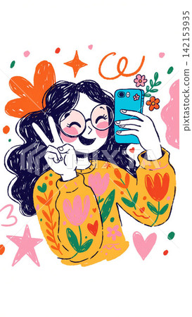 Cute cheerful young girl taking a selfie with a smartphone vector background Cute cheerful young girl taking a selfie with a smartphone vector background 142153935