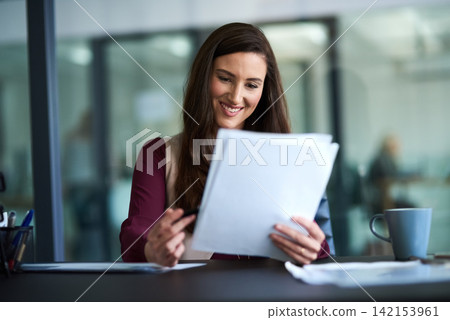 Information, reading and business woman in office with pen for job promotion, onboarding or recruitment. Paperwork, career and female financial advisor with signature for company insurance document. Information, reading and business woman in office with pen for job promotion, onboarding or recruitment. Paperwork, career and female financial advisor with signature for company insurance document. 142153961