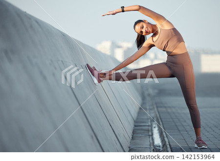 Fitness, stretching and woman in outdoor workout for body health and wellness on promenade. Exercise, commitment and girl runner in muscle warm up for morning marathon training, performance or cardio Fitness, stretching and woman in outdoor workout for body health and wellness on promenade. Exercise, commitment and girl runner in muscle warm up for morning marathon training, performance or cardio 142153964