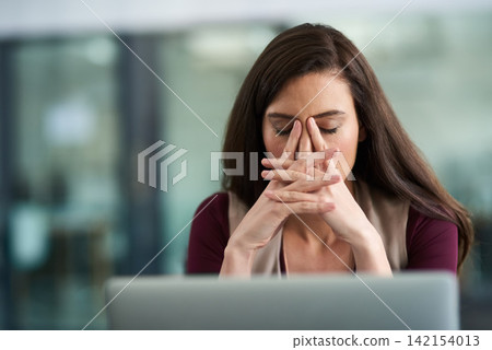 Woman, office and stress with laptop for research at company with deadline or overtime for career growth. Female person, employee and tired or exhausted in desk with pc at work as hr manager Woman, office and stress with laptop for research at company with deadline or overtime for career growth. Female person, employee and tired or exhausted in desk with pc at work as hr manager 142154013