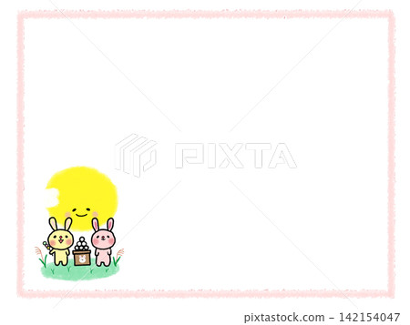 Cute twin bunny friends enjoying moon viewing with dumplings - Illustration, frame, and speech bubble for the Mid-Autumn Festival. Cute twin bunny friends enjoying moon viewing with dumplings - Illustration, frame, and speech bubble for the Mid-Autumn Festival. 142154047