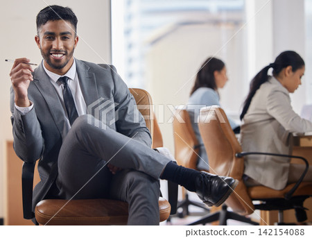 Smile, pen and portrait of businessman on chair for corporate, confidence and pride in career. Company, lawyer and professional man with job for legal planning, consultant and happy at law firm Smile, pen and portrait of businessman on chair for corporate, confidence and pride in career. Company, lawyer and professional man with job for legal planning, consultant and happy at law firm 142154088