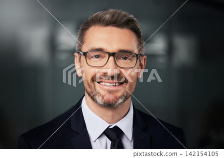 Happy, portrait and mature businessman in office of startup law firm or company, professional and proud. Male entrepreneur or ceo of business, confident and excited for growth of legal agency. 142154105