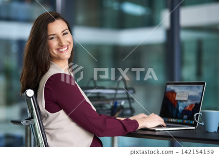Happy businesswoman and portrait with computer for writing email, connection and agenda. Female employee, laptop and consultant for advice and support while typing startup company project in office Happy businesswoman and portrait with computer for writing email, connection and agenda. Female employee, laptop and consultant for advice and support while typing startup company project in office 142154139