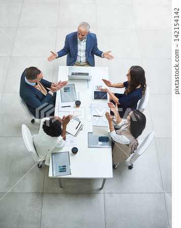 Above, business people and clapping hands in office meeting for partnership, collaboration or celebration. Workplace, boardroom or team with applause for agreement, new project or work by top view Above, business people and clapping hands in office meeting for partnership, collaboration or celebration. Workplace, boardroom or team with applause for agreement, new project or work by top view 142154142