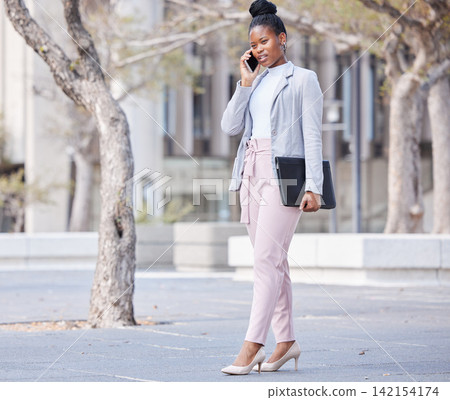 Black woman, business and phone call in city travel to office for communication, contact and commute. Female person and entrepreneur walking with smartphone for network, connection and conversation Black woman, business and phone call in city travel to office for communication, contact and commute. Female person and entrepreneur walking with smartphone for network, connection and conversation 142154174