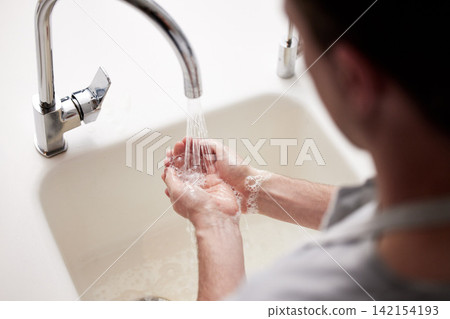 Hands, washing and water with soap in house for hygiene with wellness for cleanliness. Bathroom, health and prevention of flu with disinfect with protection from infection with cleansing for care Hands, washing and water with soap in house for hygiene with wellness for cleanliness. Bathroom, health and prevention of flu with disinfect with protection from infection with cleansing for care 142154193