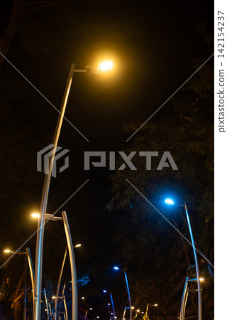 illuminated pedestrian street with modern streetlight and led lanterns at night, Salou, Spain illuminated pedestrian street with modern streetlight and led lanterns at night, Salou, Spain 142154237