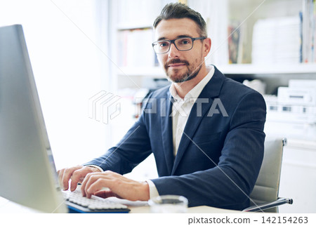 Businessman, smile and working in portrait on computer, email or planning a project in home office. Mature worker, sitting and writing a review or search on technology, typing for report or proposal Businessman, smile and working in portrait on computer, email or planning a project in home office. Mature worker, sitting and writing a review or search on technology, typing for report or proposal 142154263