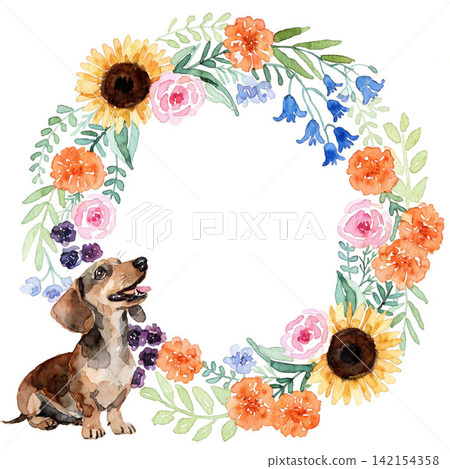 Dog Puppy Tropical Floral Wreath vector background Dog Puppy Tropical Floral Wreath vector background 142154358