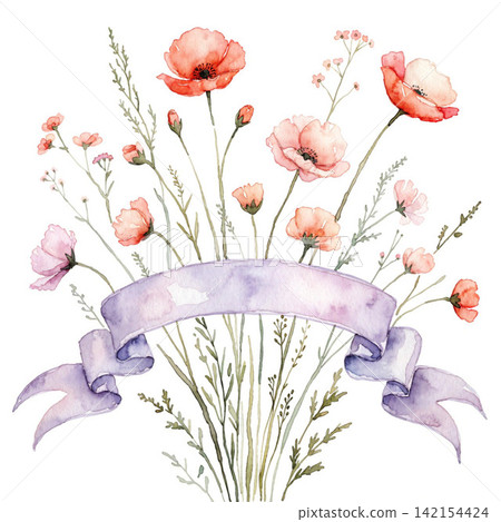 Pastel colored flower bouquet on top ribbon blank tag on the side vector background Pastel colored flower bouquet on top ribbon blank tag on the side vector background 142154424