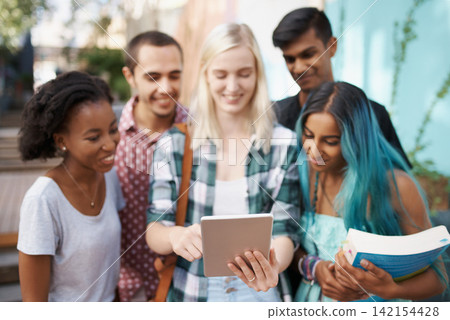Students, university and tablet on campus for website, internet and connectivity outdoor. People, study and college youth with technology for education, tuition and email for schedule with diversity Students, university and tablet on campus for website, internet and connectivity outdoor. People, study and college youth with technology for education, tuition and email for schedule with diversity 142154428