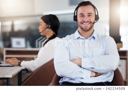 Man, telemarketing and call center with confidence for customers, contact and business deal. Sales representative, consulting and pc with headset for digital communication, networking and negotiation Man, telemarketing and call center with confidence for customers, contact and business deal. Sales representative, consulting and pc with headset for digital communication, networking and negotiation 142154509
