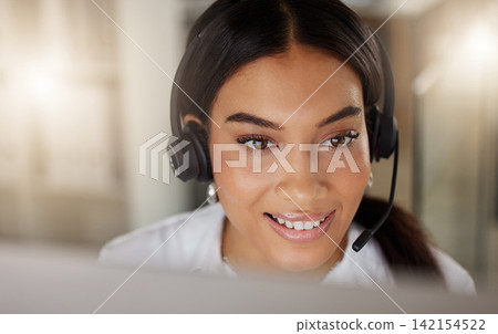 Woman, headset and call center with smile for customer service, contact and help or crm in office. Agent, technical support and technology for communication, client and discussion in workplace Woman, headset and call center with smile for customer service, contact and help or crm in office. Agent, technical support and technology for communication, client and discussion in workplace 142154522