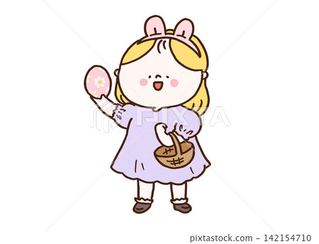 A girl wearing bunny ears finds an egg during an egg hunt (Easter) A girl wearing bunny ears finds an egg during an egg hunt (Easter) 142154710