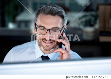 Businessman, phone call and computer for office, working and corporate email for connection. Lawyer, law firm and technology for online research, legal project and website reading in formal workplace 142154752