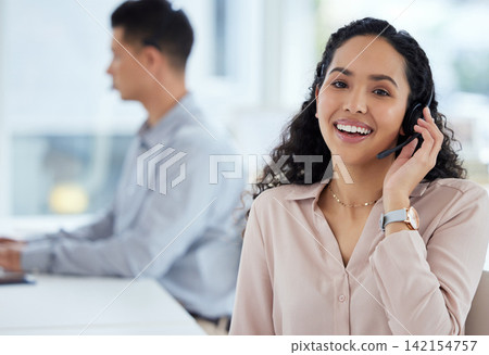 Call center, headset and portrait of consultant woman in telemarketing office for online assistance or help. Contact us, desk and microphone with happy crm agent in workplace for customer support Call center, headset and portrait of consultant woman in telemarketing office for online assistance or help. Contact us, desk and microphone with happy crm agent in workplace for customer support 142154757