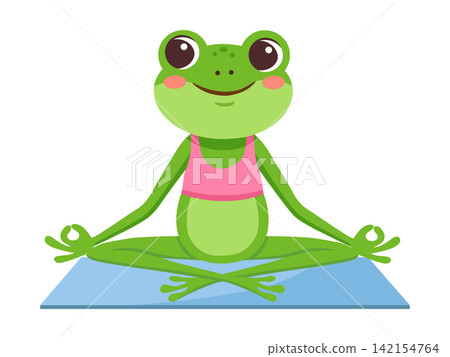 Cute cartoon illustration of a funny green frog meditating peacefully in a lotus position sitting on a purple yoga mat, practicing mindfulness, relaxation, and spiritual yoga balance concepts Cute cartoon illustration of a funny green frog meditating peacefully in a lotus position sitting on a purple yoga mat, practicing mindfulness, relaxation, and spiritual yoga balance concepts 142154764
