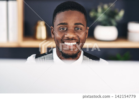 Portrait, black man and computer working in office for project planning, communication and internet research. Male person, smile and digital tech for start up, internship or new corporate career Portrait, black man and computer working in office for project planning, communication and internet research. Male person, smile and digital tech for start up, internship or new corporate career 142154779