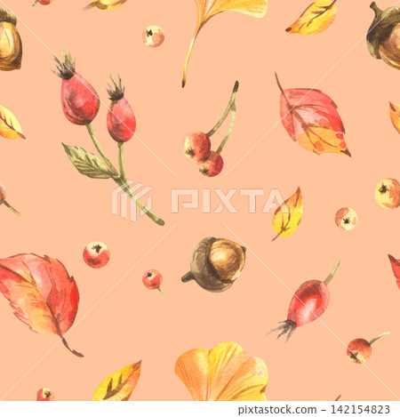 Autumn foliage with leaves, rose hips, apples, and acorns. Hand-drawn watercolor illustrations. A simple seamless pattern on a peach background for textiles, packaging, and seasonal sale design Autumn foliage with leaves, rose hips, apples, and acorns. Hand-drawn watercolor illustrations. A simple seamless pattern on a peach background for textiles, packaging, and seasonal sale design 142154823