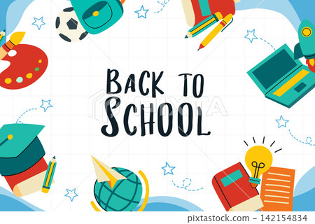 Back to school banner frame template with cute doodle study supplies and stationery. Back to school banner frame template with cute doodle study supplies and stationery. 142154834