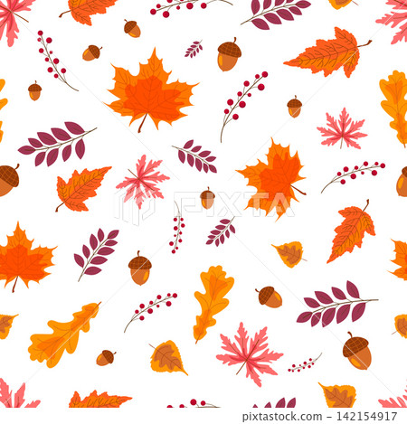 Seamless autumn pattern with leaves, acorns, berries. Seamless autumn pattern with leaves, acorns, berries. 142154917