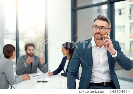Thinking, businessman and phone call for negotiation, discussion or deal with communication in office. Male person, ceo and leader with workers, proposal or mobile at business meeting in workplace Thinking, businessman and phone call for negotiation, discussion or deal with communication in office. Male person, ceo and leader with workers, proposal or mobile at business meeting in workplace 142154924