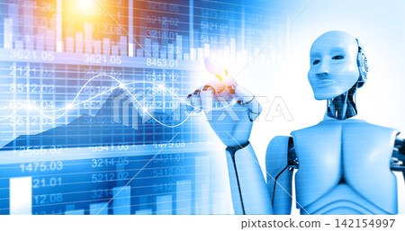 Robotic women touching stock market graph Robotic women touching stock market graph 142154997