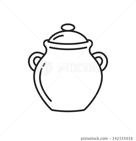 Line art icon of a classic ceramic jar with side handles and a lid. Line art icon of a classic ceramic jar with side handles and a lid. 142155018