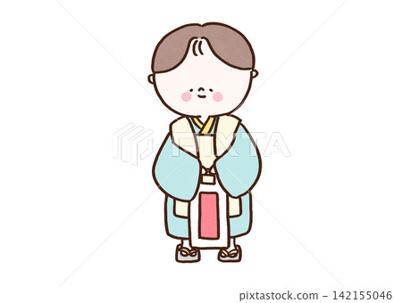 一個 3 歲的男孩,穿著日式傳統服飾和和服,手裡拿著千歲糖,微笑著站著(七五三節慶祝活動)。 一個 3 歲的男孩,穿著日式傳統服飾和和服,手裡拿著千歲糖,微笑著站著(七五三節慶祝活動)。 142155046