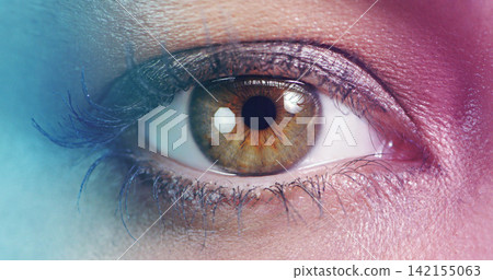 Closeup of eye, makeup and person with vision for beauty, cosmetics and lashes with mascara, iris or contact lens. Skin, wellness and color for cosmetology with powder or eyeshadow, eyecare and POV Closeup of eye, makeup and person with vision for beauty, cosmetics and lashes with mascara, iris or contact lens. Skin, wellness and color for cosmetology with powder or eyeshadow, eyecare and POV 142155063
